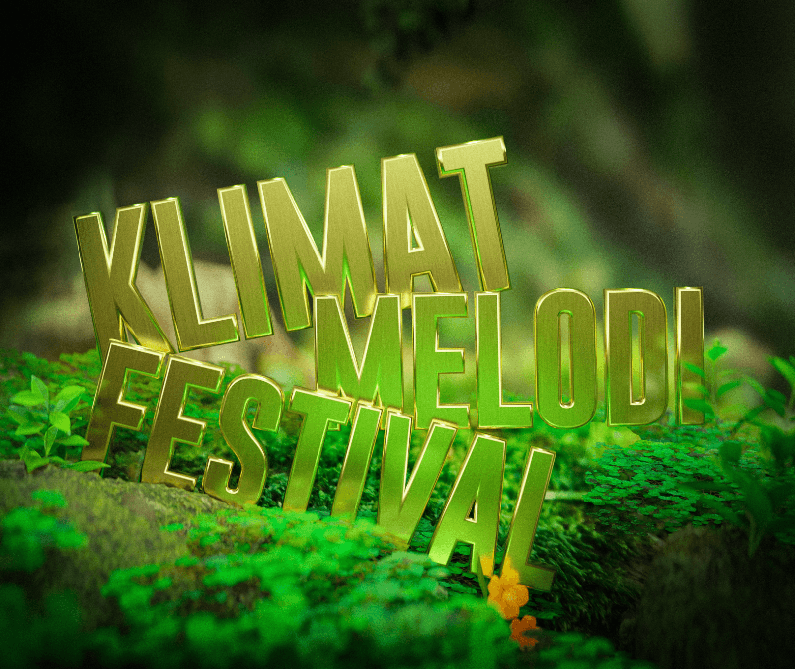KLIMATMELODIFESTIVAL skrivet i guld, liggande på en bädd av mossa.