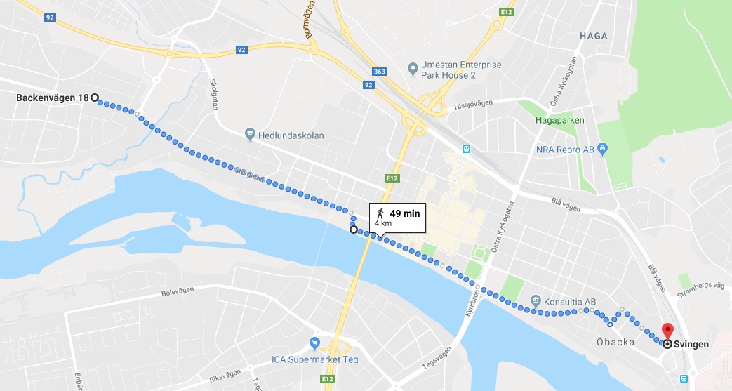 Google Maps-skärmbild som visar vårt förslag till ny, separerad cykelväg från Backenvägen till Svingen över Storgatan och Västra-/Östra Strandgatan.